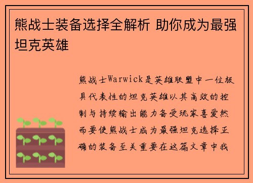 熊战士装备选择全解析 助你成为最强坦克英雄