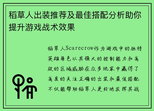 稻草人出装推荐及最佳搭配分析助你提升游戏战术效果