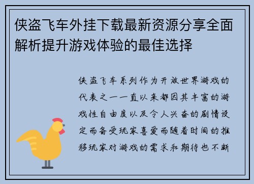 侠盗飞车外挂下载最新资源分享全面解析提升游戏体验的最佳选择 侠盗飞车外挂下载最新资源分享全面解析提升游戏体验的最佳选择